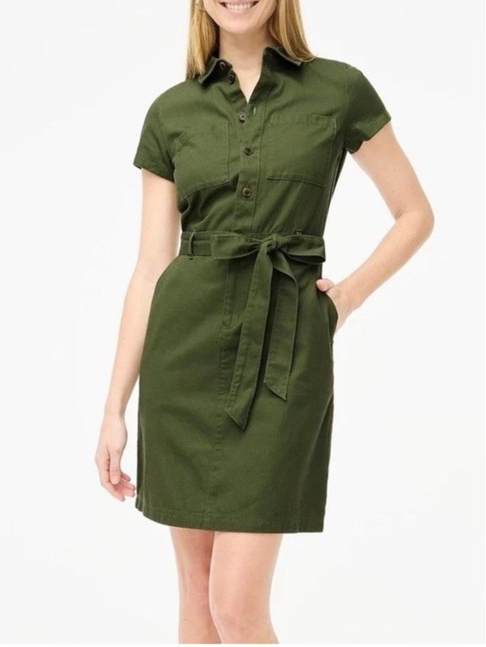 J. Crew Factory Olive Green Short Sleeve Shirt Dress with Tie Waist